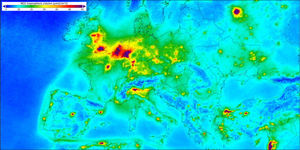 Distribución de las emisiones de dióxido de nitrógeno por el continente europeo | AGENCIA ESPACIAL EUROPEA