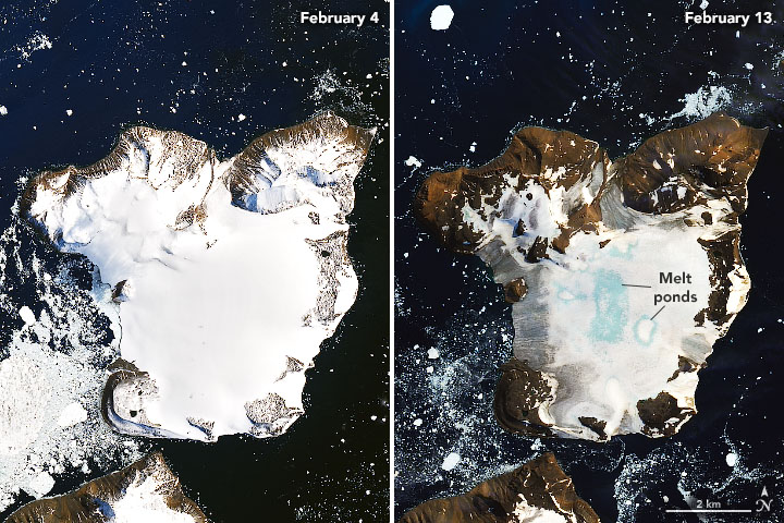 Comparación de la isla Águila entre el 4 y el 13 de febrero. Foto: NASA